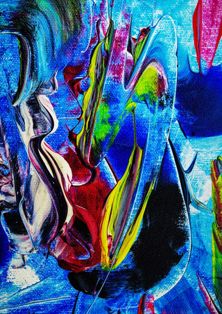 Abstract in perfection 2 by Walter Zettl - close-up swirls of thick cobalt blue, crimson, yellow and green paint