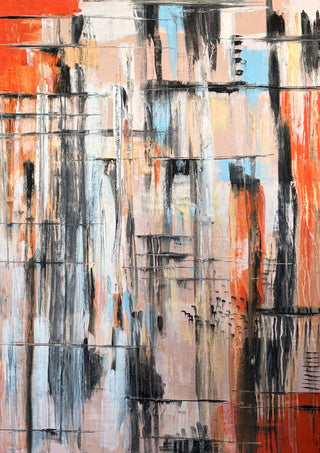 Faces by karti - vertical streaks of black, grey, peach, blue and orange-red crossed by scratched lines