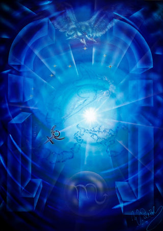 Scorpio zodiac sign by Walter Zettl - white burst of light in a deep blue vault with an eagle and the sign of Scorpio