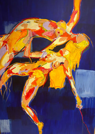 Two Figures in Blue by René J - two stretched figures painted in yellow and orange on a deep blue ground