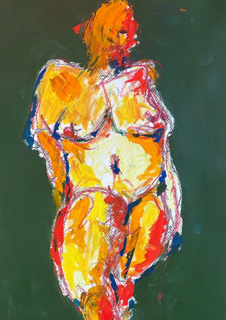 Standing Nude by René J - standing figure painted in yellow, orange and red with white outlines on a dark green ground
