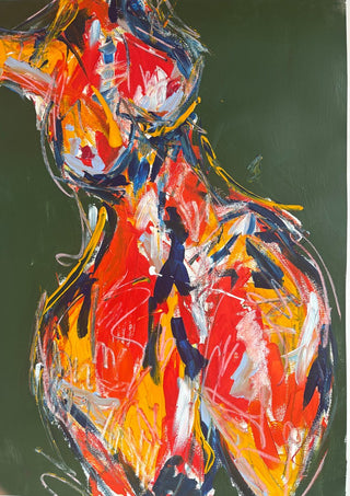 Red Figure by René J - standing figure in red, orange and yellow with white outlines on an olive green ground
