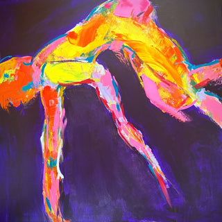 Leap by René J - figure stretched mid-jump painted in yellow, orange and magenta on a deep violet ground