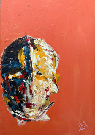 Head in Colour by René J - head in profile built from thick navy, yellow and red paint on a coral orange ground