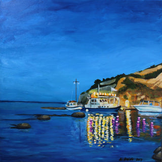 Evening Boats by Nella Hajdu - three lit boats by a rocky shore with gold and violet reflections on deep blue water
