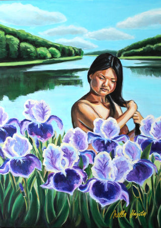 Awakening by Nella Hajdu - woman standing among purple and white irises in front of a blue lake and green hills