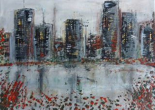 City Across the Water by luco art - grey and rust city skyline reflected in pale water with red flecks along the banks