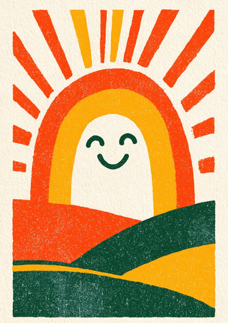 Sunrise Arch by Decker Studios - smiling white sun in an orange and yellow arch above red, green and yellow hills