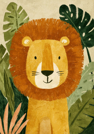 Jungle Lion by Decker Studios - lion with a rust orange mane among dark green jungle leaves on a cream background