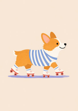 Corgi on Roller Skates by Decker Studios - corgi in a blue striped top on white roller skates against a peach background