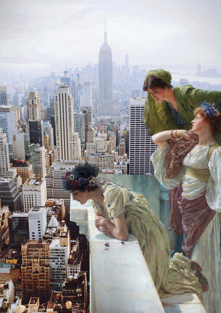 Manhattan View by Dikhotomy - three women in neoclassical gowns at a marble parapet looking out over the Manhattan skyline