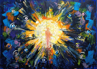 Damit wir uns sehen · So That We May See Ourselves by ELIZA Leopold - lone figure in a burst of yellow light surrounded by floating eyes on deep blue