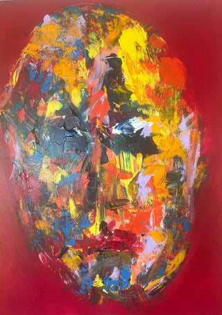 Colour Mask by René J - large face built from thick daubs of yellow, blue and green on a deep red ground