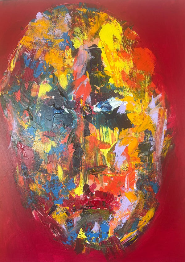 Colour Mask by René J - large face built from thick daubs of yellow, blue and green on a deep red ground