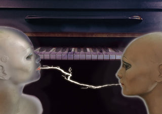 Electric Piano by Pelecan Schneider - two mannequin heads facing across a piano keyboard with a spark of light between them