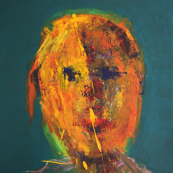 Head in Orange by René J - a head in orange and red with dark eye hollows on flat teal