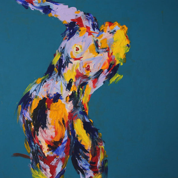 Leaning Back by René J - a nude arching back in lilac and yellow on flat teal