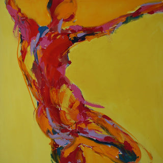 Reaching Figure by René J - a figure stretching in red and pink across a bare yellow ground