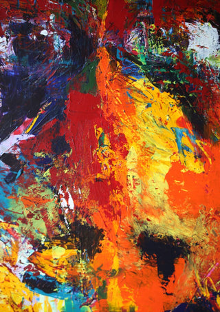 Red Abstract by René J - thick knife-laid red, orange and yellow with deep blue in one corner