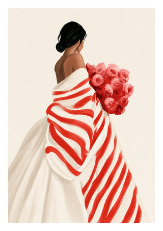 Make It on my Own by Martina Karlsson - a woman seen from behind in a red-striped gown holding red and pink roses