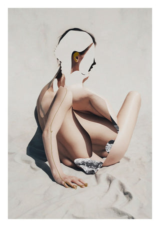 Over the void by Rocio Montoya - a seated figure cut apart and reassembled on pale sand