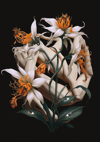 A matter of perspective by Rocio Montoya - white and orange lilies growing from folded hands on black