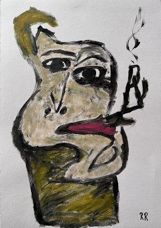 Pipan by RR - an olive and grey face smoking, with magenta lips on a bare white ground