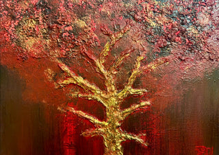 Strength by Jenyliza Kleemeyer - a golden tree with a thick pink crown on a deep red ground