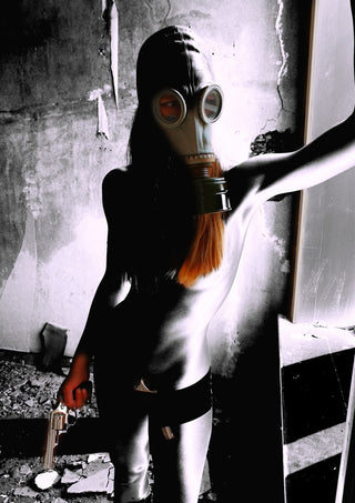 Beauty The Beast by Pelecan Schneider - a gas-masked figure with orange-streaked hair in a derelict concrete room