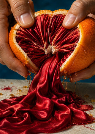Unfolding Scarlet by Haris Delic - an orange opened to reveal deep red satin pouring onto the table