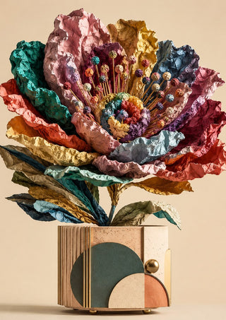 Paper Bloom by Haris Delic - a large crumpled paper flower in many colours above a ribbed vessel