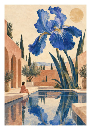 The Blue Garden by Matthews Gallerie - a giant blue iris above a courtyard pool and terracotta walls