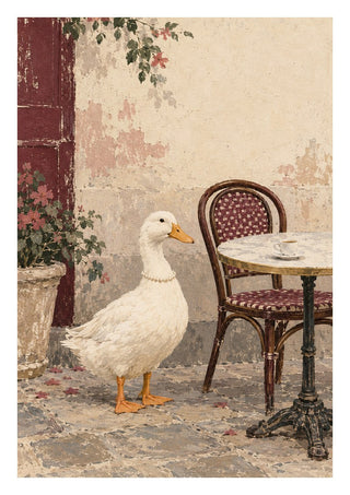 The Duck Wore Pearls by Matthews Gallerie - a pearl-wearing duck beside a café table with an espresso