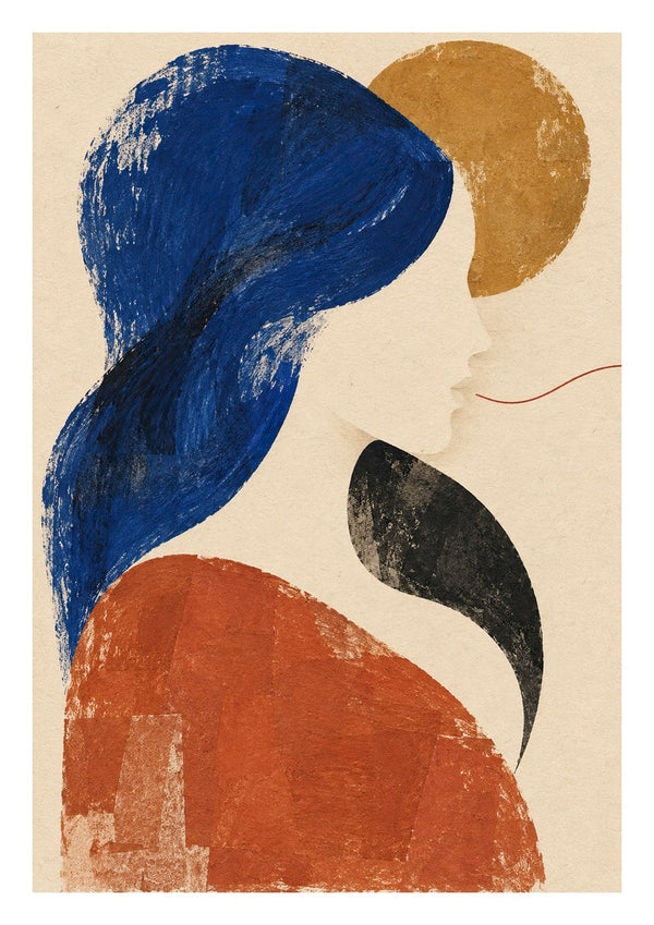 The Shape of Silence by Matthews Gallerie - an abstract profile in blue, ochre and rust on cream