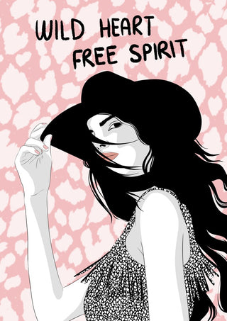 Wild heart, free spirit by Lisen Vennesland - a woman in a wide black hat on a pink leopard print