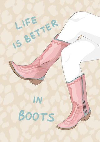 Life is better in boots by Lisen Vennesland - pink cowboy boots and white trousers on beige leopard print