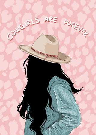 Cowgirls are forever by Lisen Vennesland - a cowgirl in a teal denim jacket on a pink leopard print