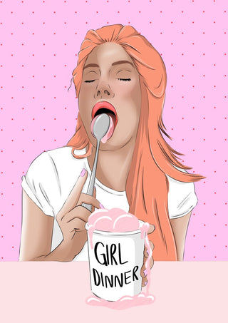Girl Dinner by Lisen Vennesland - a woman eating pink ice cream from a tub on a dotted pink ground