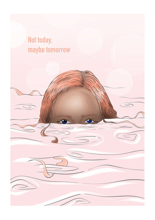 Maybe tomorrow by Lisen Vennesland - a woman floating in pink water with only her eyes above the surface