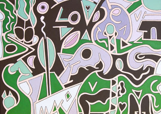 Love is All by Andreas Pohle - flat shapes in green, lilac and dark brown around the word LOVE