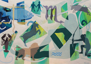 String Theory and the Archer by Andreas Pohle - zodiac signs on a sand ground with teal and green planes