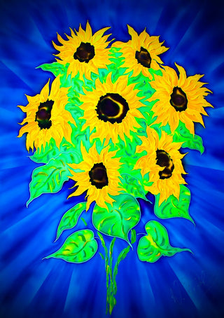 Sunflowers by Walter Zettl - eight yellow sunflowers with green leaves on a radiating deep blue ground