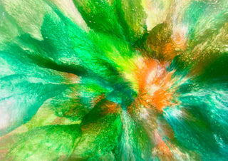 Emerald Burst by Da Winters - green fans of poured acrylic opening around an orange centre