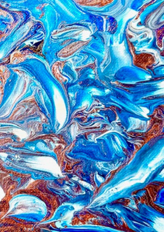 Blue Waves by Da Winters - curling blue and white strokes over a speckled copper ground