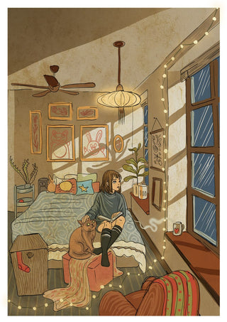 In my room by Nina Broen - a girl reading on her bed with a cat in a cosy attic room with fairy lights