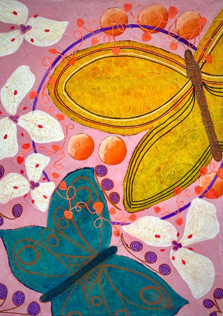 Gentle things by LGDyrby - a yellow and a teal butterfly among white paper flowers and purple berries on pink