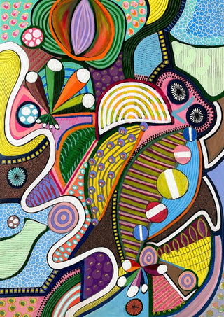 Peaceful Power by LGDyrby - interlocking shapes filled with stripes, dots and rings in yellow, pink, turquoise and green