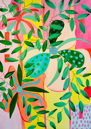 Bloom by LGDyrby - green leaves and coral flowers spreading over bands of pink, yellow and orange