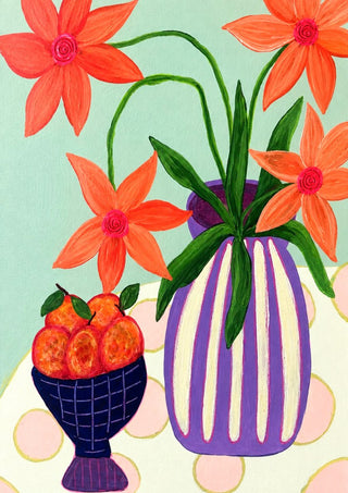 Plums & Peace by LGDyrby - coral flowers in a striped purple vase beside a blue bowl of fruit on mint green