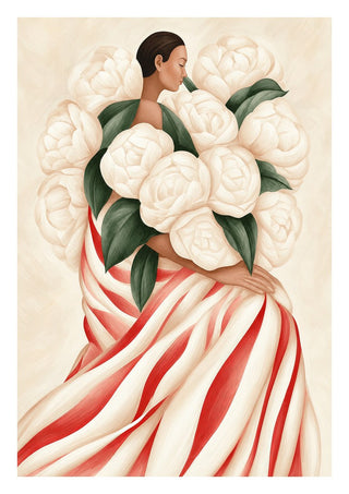 White Peonies by Martina Karlsson - a woman seen from behind in a red-striped gown with an armful of cream peonies